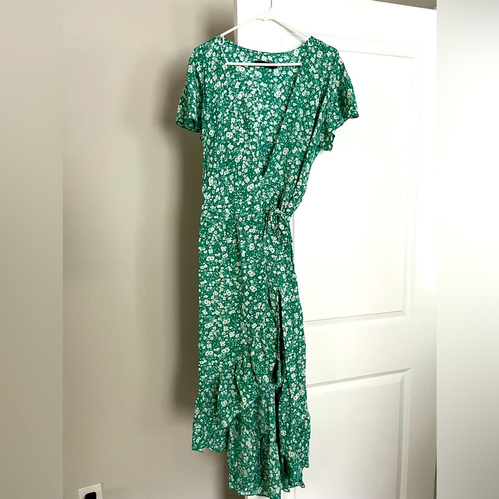 Green, floral wrap dress
